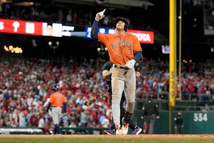 Astros shortstop Jeremy Peña celebrates his go-ahead home run in Game 5 of the World Series.